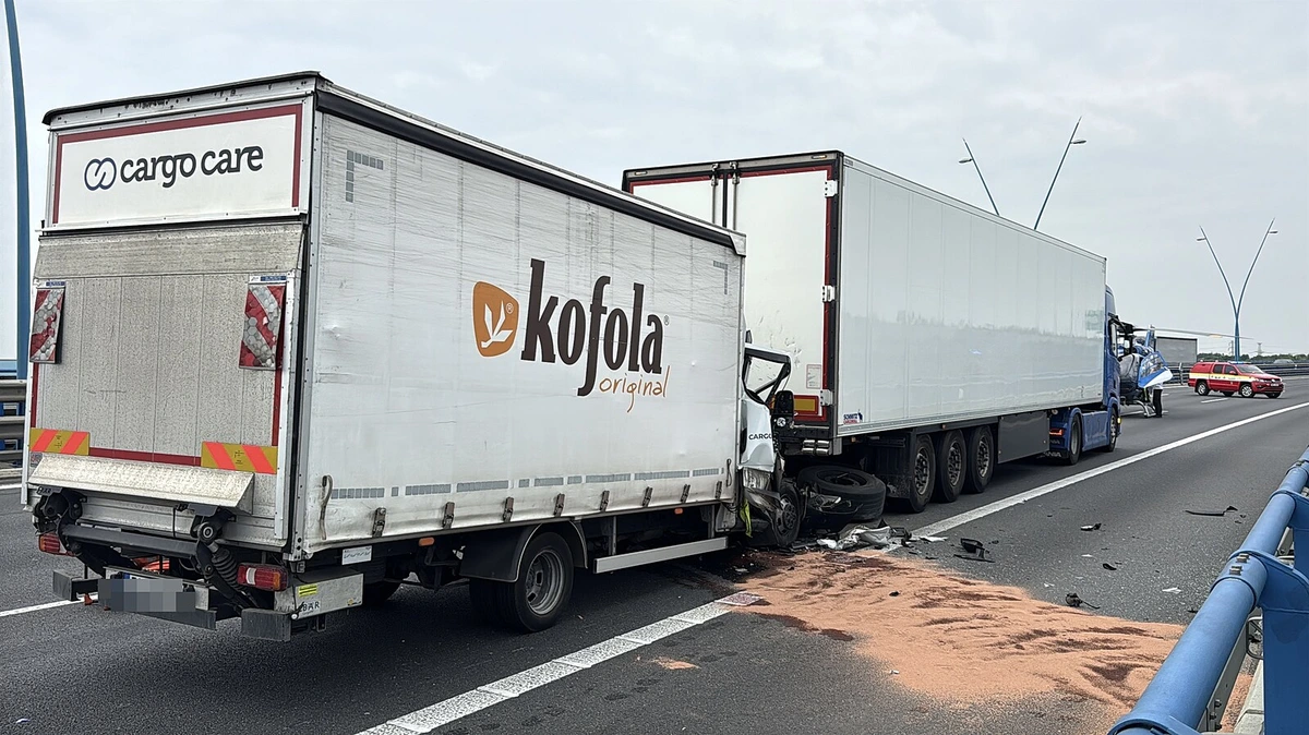 Nehoda dvou kamionů částečně uzavřela Pražský okruh u Lochkovského mostu